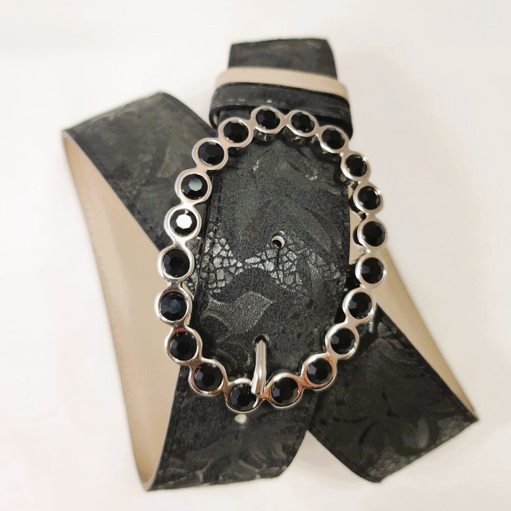 Ceinture reversible femme Taupe / Motif "dentelle" fleur fond bronze